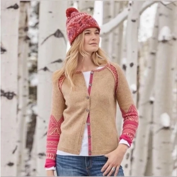 Sundance Sophie Lambswool Fair Isle Button Down Sweater Tan/Blue Size XL. - Picture 9 of 9